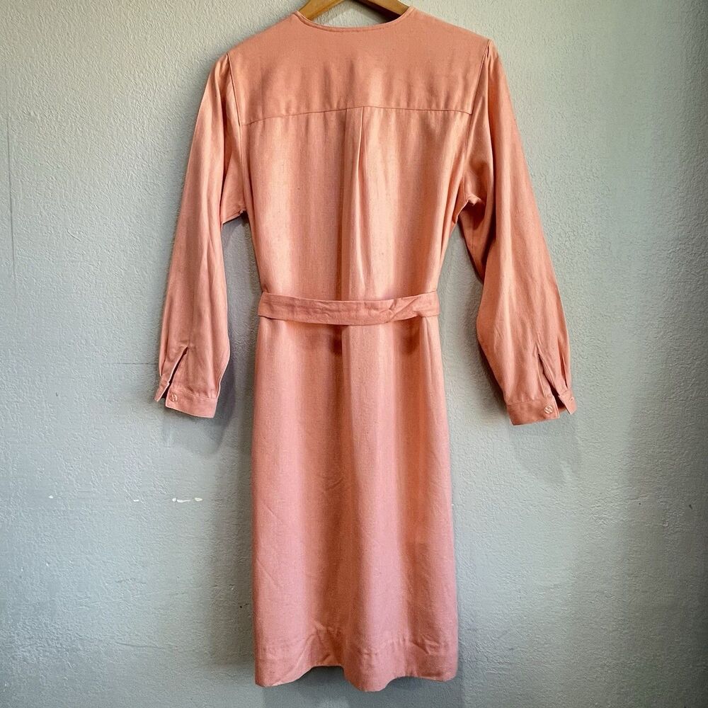 100% Silk Textured Midi Dress     Peach Blush Belted Pockets Size 8 - Picture 4 of 13